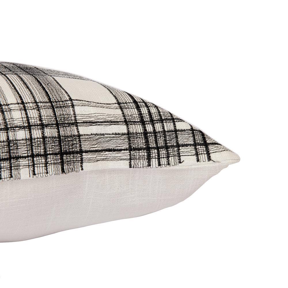 White and Black Embroidered Cotton Blend Square Throw Pillow