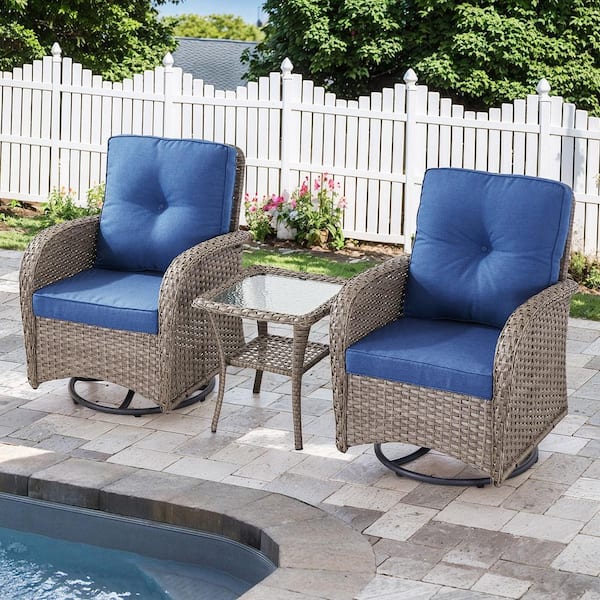 Gymojoy Carlos Gray 3-Piece Steel Outdoor Swivel Glider Wicker Patio Conversation Deep Seating Set with Blue Cushions