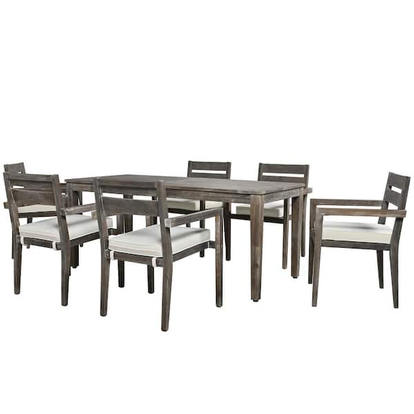 Gray 7-Piece Acacia Wood Outdoor Dining Set with Beige Cushions