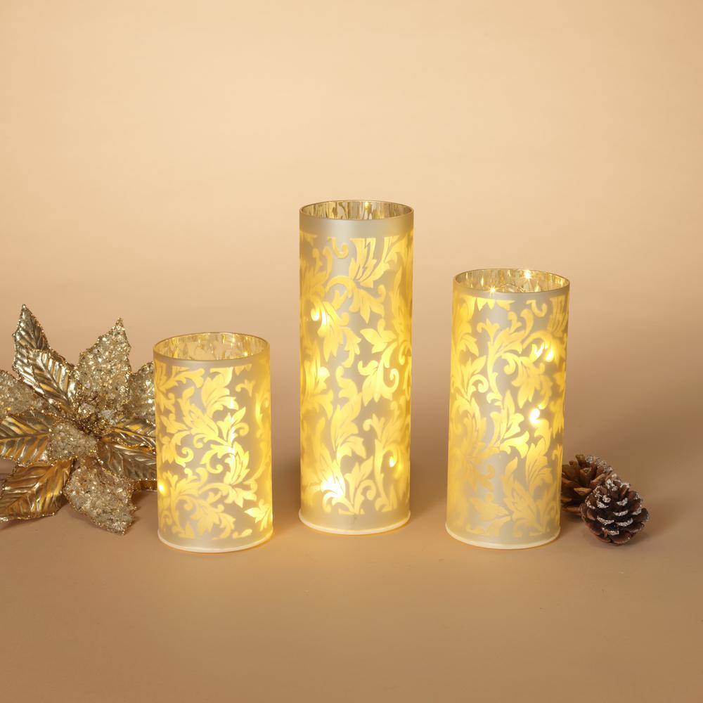 Champagne Gold Embossed Glass Luminary Set with String Lights