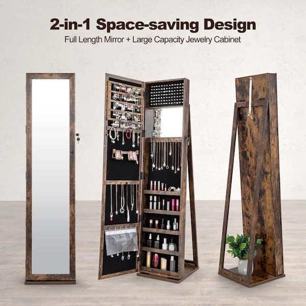 Costway Brown Mirrored Jewelry Cabinet Armoire Lockable Standing