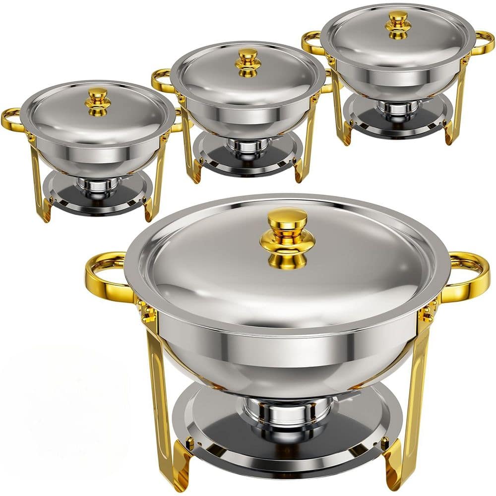 5 QT Round Chafing Dish Gold Silver Stainless Steel Buffet Server Set with Stackable Easy Clean Design 4 Pack