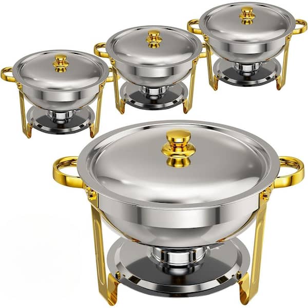 5 qt. Round Chafing Dish Gold Silver Stainless Steel Buffet Server Set with Stackable Easy Clean Design 4-Pack