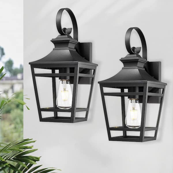 16.5 in. 1-Light Weathered Matte Black Hardwired Outdoor Wall Light Lantern Porch Sconce with Clear Glass (2-Pack)