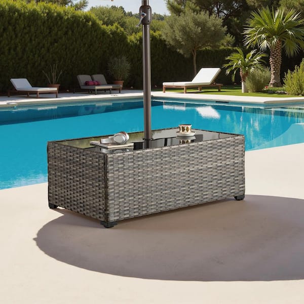 Glonia PE Wicker Outdoor Coffee Table with Umbrella Hole, Tempered Glass Top