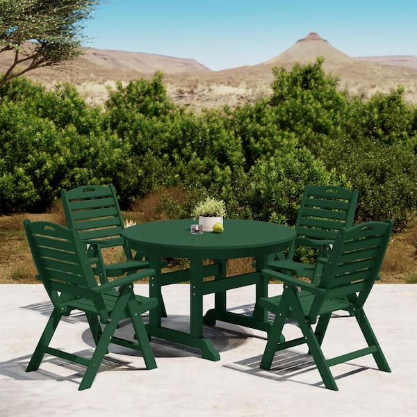 Laguna All Weather HDPE Plastic Outdoor 5-Piece Round Table Folding Highback Chairs Patio Dining Set, Dark Green