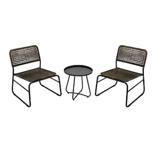 3-Piece PE Rattan Steel Frame Outdoor Bistro Set 2 Chairs, Modern Round Table, Brown