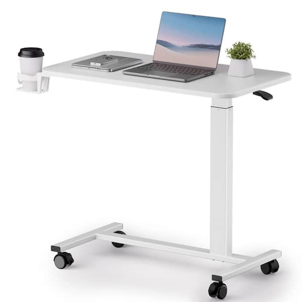 Standing Laptop Desk with Lockable Wheels 32 in. W x 18 in. D White Adjustable Overbed Bedside Desk Table