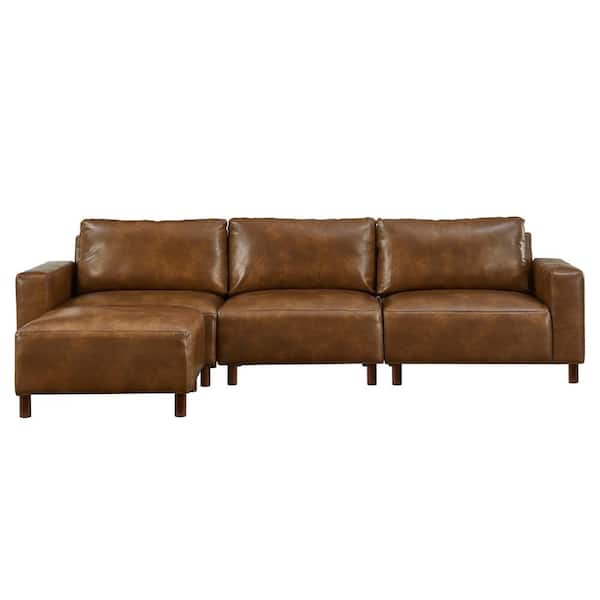 Modern Luxury 112 in. Wide Square Arm Breathable PU Leather L-Shape Sectional Sofa with Ottoman in Brown