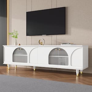 69.6 in. White TV Stand Fits TVs up to 78 in. with Arch Fluted Glass Doors and Adjustable Shelves