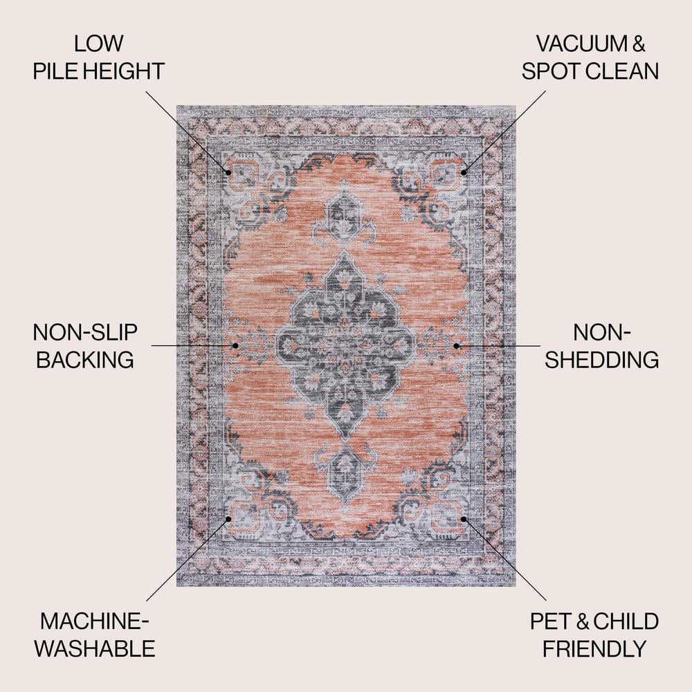 Wincer Chenille Medallion Washable Orange and Gray 5'3" x 7'7" Area Rug