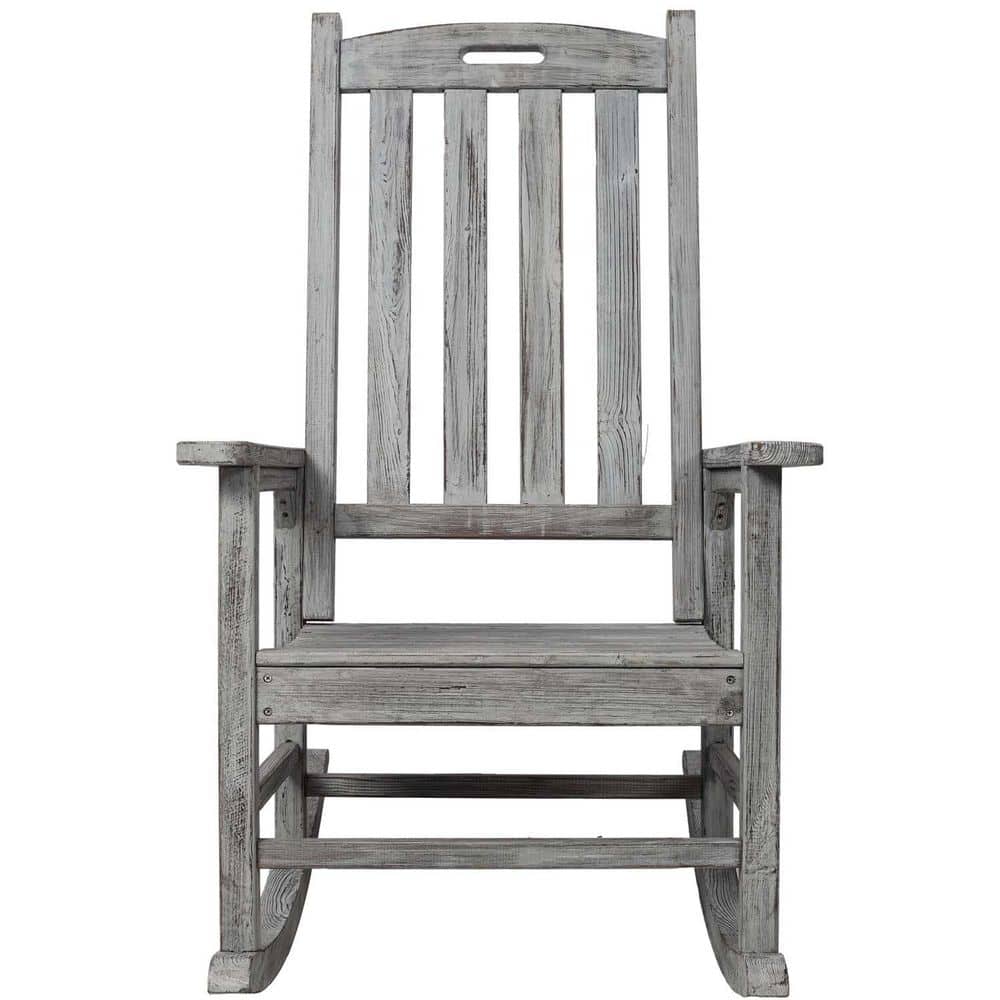 Gray Wood Outdoor Rocking Chair, Porch Rocker with High Back and Armrest, P