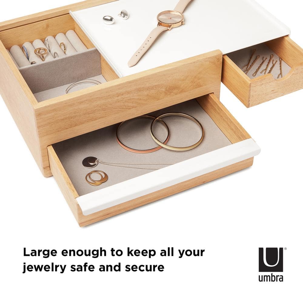 White and Natural Wood Jewelry Box with Linen Pads