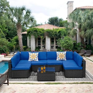 7 Pcs Black Wicker Patio Sectional Sofa Set Outdoor Conversation Set with Blue Cushions