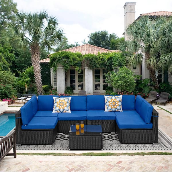 SUNVIVI 7 Pcs Black Wicker Patio Sectional Sofa Set Outdoor Conversation Set with Blue Cushions