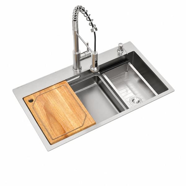 33 in. Drop-In Single Bowl 16-Gauge Brushed Stainless Steel Workstation Sink with Cutting Board, Colander