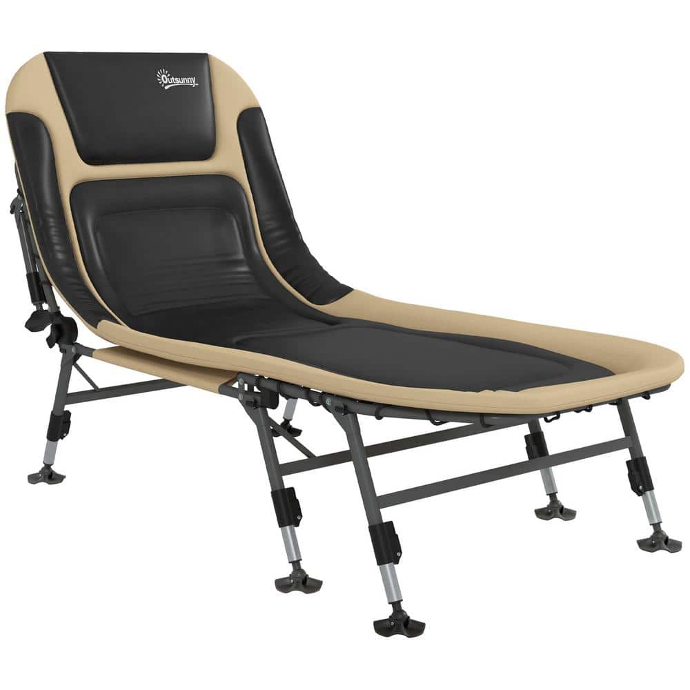Cream White Folding Camping Cot with Adjustable Backrest and Cushion