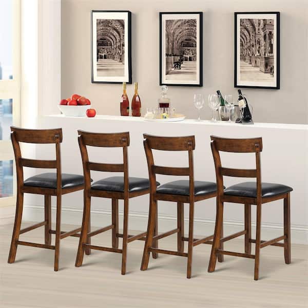 Bistro Brown and Black Upholstered Bar Stools Vintage Wooden Dining Chair for Kitchen (Set of 4)