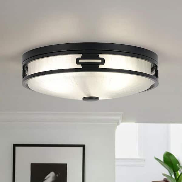 11.8 in. 2-Light Black Modern Farmhouse Drum Flush Mount Ceiling Light with Crackled Glass Shade