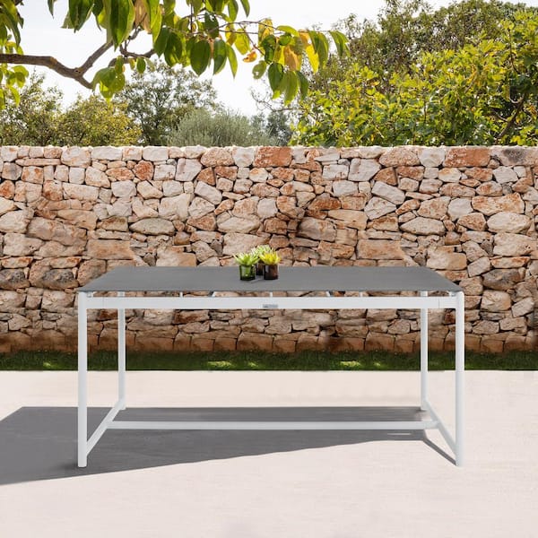 Armen Living Crown White Aluminum and Teak Outdoor Dining Table with Stone Top