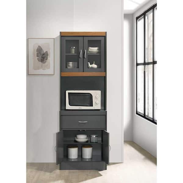 Hodedah キッチンパントリー　グレイ×オーク HODEDAH Kitchen Cabinet with 1-Drawer, plus Space for Microwave in