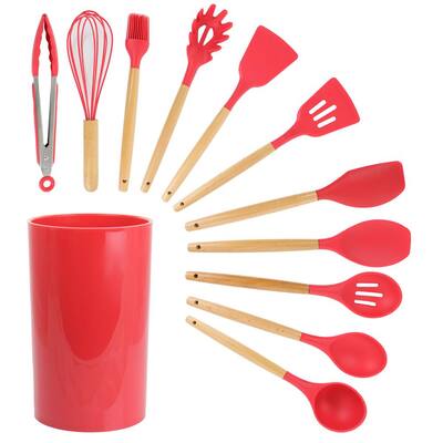 Red Silicone and Wood Cooking Utensils (Set of 12)
