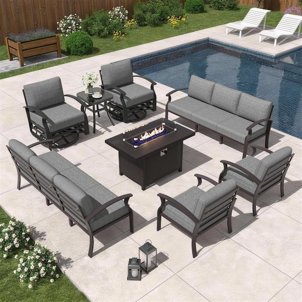 10-Seat Aluminum Patio Conversation Set with armrest, Firepit Table, Swivel Rocking Chairs and Grey Cushions