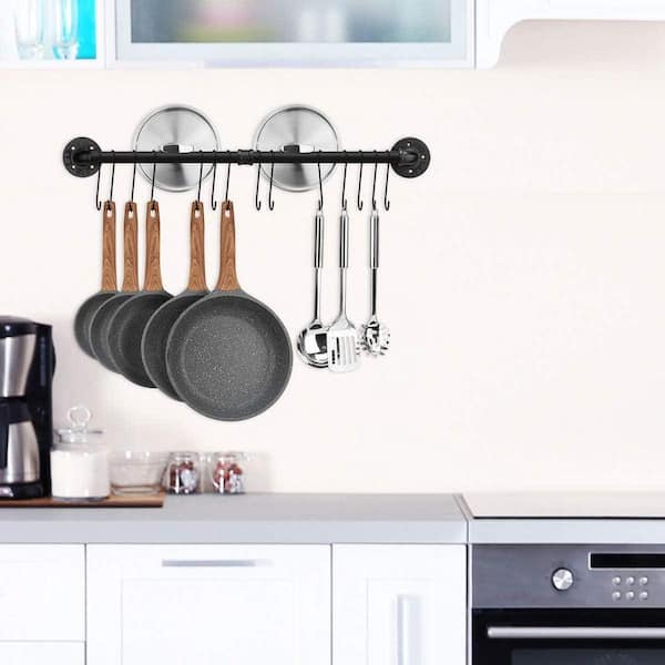 Black Wall Mounted Pipe Rack Pot Rack Kitchen Hanging Rail Detachable Organizer with 14 Hooks Space Saving