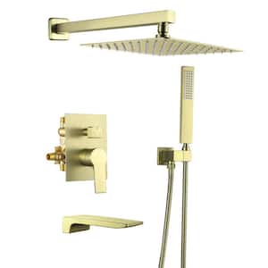 Single-Handle 1-Spray Patterns 10 in. Wall Mount Square Shower Faucet Waterfall in Brushed Gold (Valve Included)