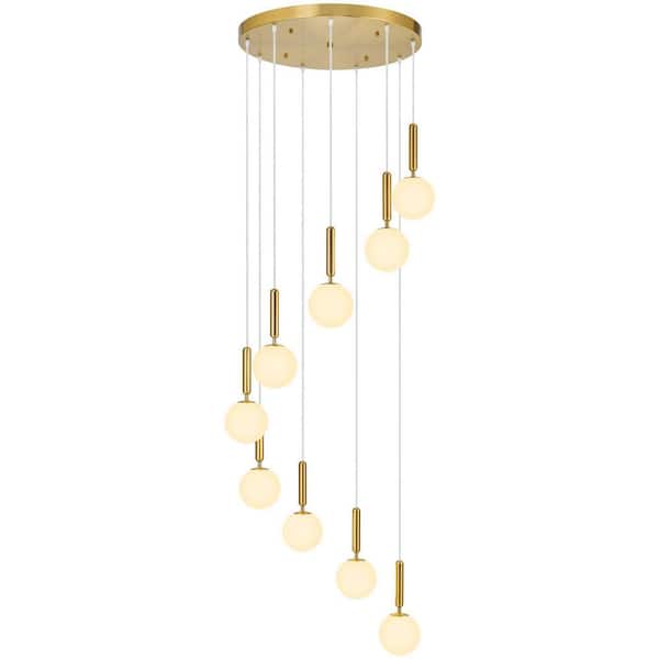 Home Lighting 40-Watt 9-Light Mid Century Gold Retro Round Chandeliers with Globe Milky White Glass for Foyer Entryway