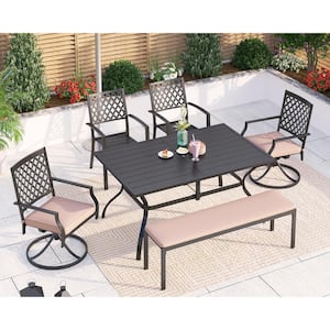 6-Piece Rectangular Outdoor Dining Set with Slat Table and Bench with Beige Cushion