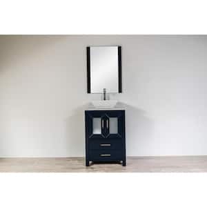 Newport 24 in. W x 18 in. D Vanity in Navy with Marble Top, White Ceramic Basin and Mirror