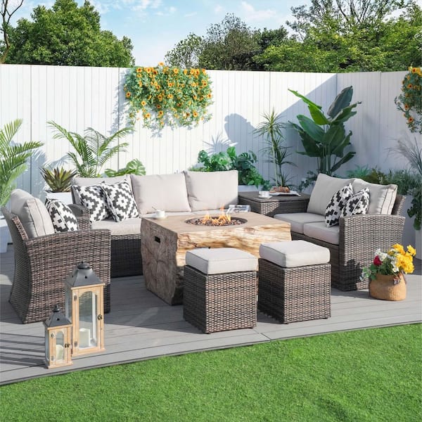 Strip 7-Pieces Rock and Fiberglass Fire Pit Table Brown Wicker Conversation Set with Beige Cushions and a Storage Box