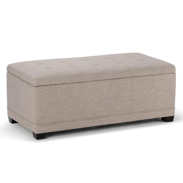 Simpli Home Westchester 45 in. Contemporary Storage Ottoman in Natural Linen Look Fabric
