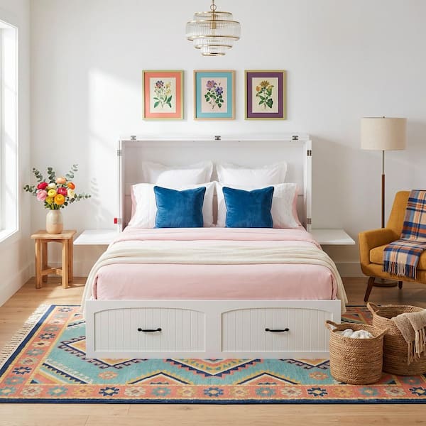 White Wood Frame Full Size Bed Murphy Beds Storage Cabinet With Drawer, 2-Nightstand and Wheels