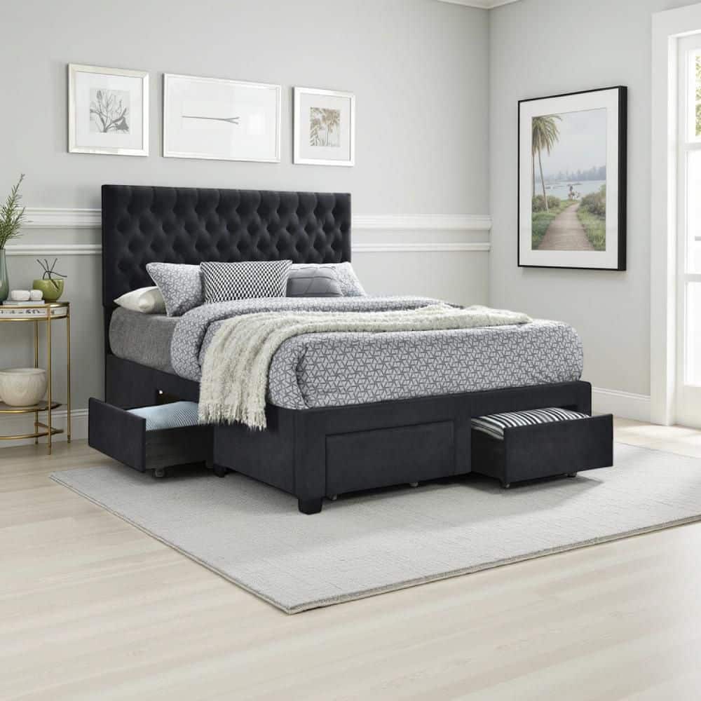 Benjara Black Wood Frame King Size Panel Bed with Bottom Drawers