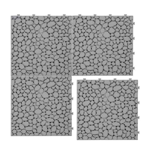 Tunearary 12 in. x 12 in. Plastic Waterproof All Weather Gray Pebble Pattern Interlocking Deck, Bathroom Tile, 12 Pieces