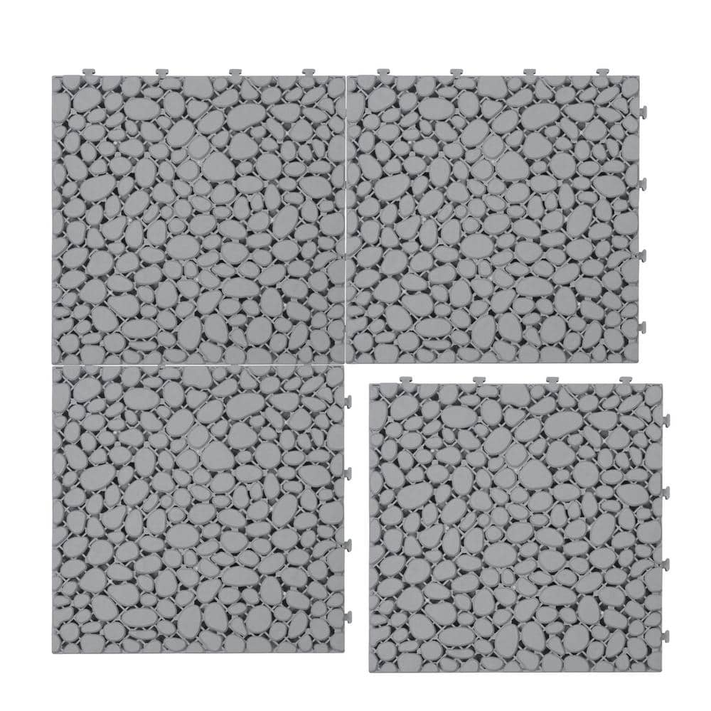 Tunearary 12 in. x 12 in. Plastic Waterproof All Weather Gray Pebble Pattern Interlocking Deck, Bathroom Tile, 60-Pieces