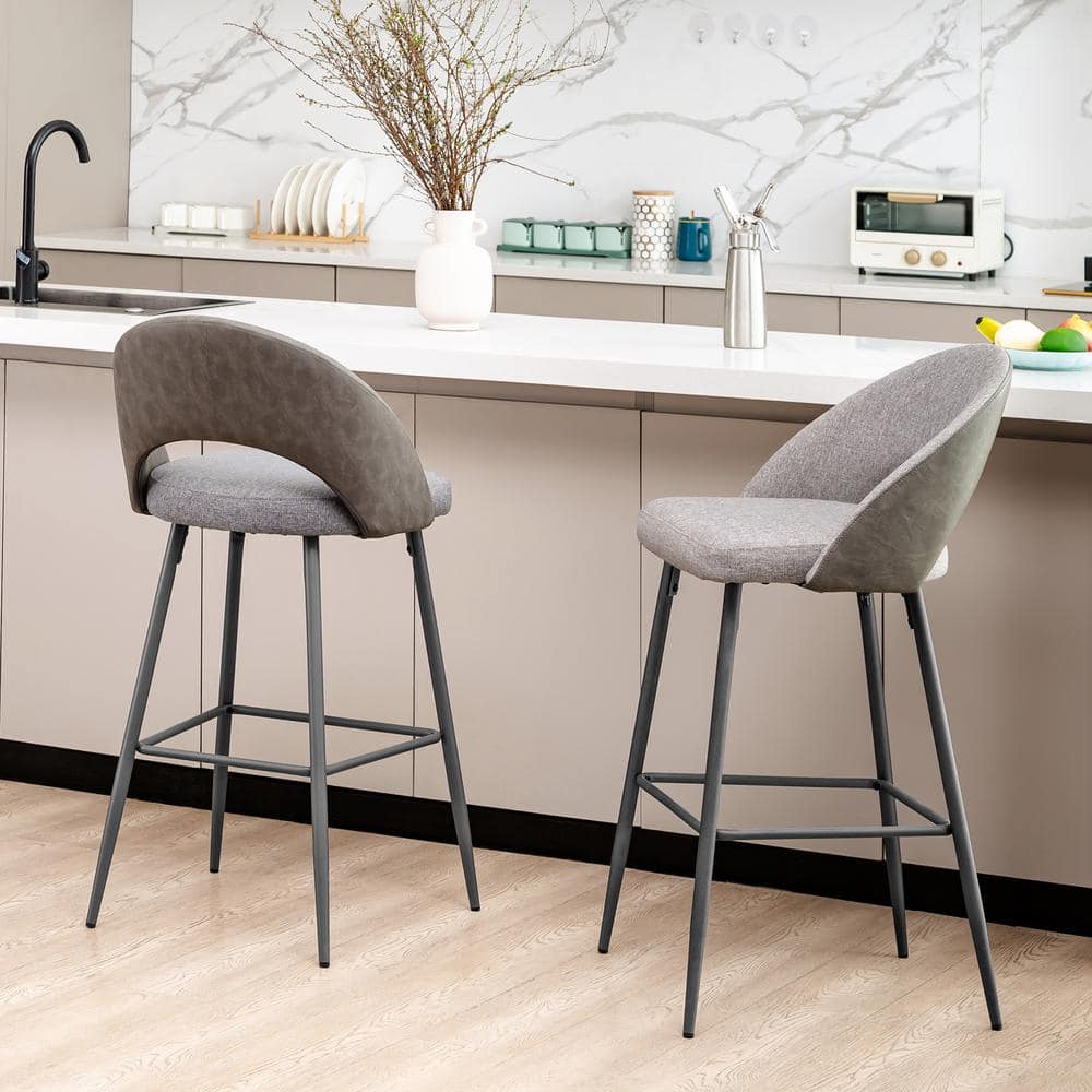 Contemporary Dark Gray Leatherette Barstool with Matte Metal Legs, Set of 2