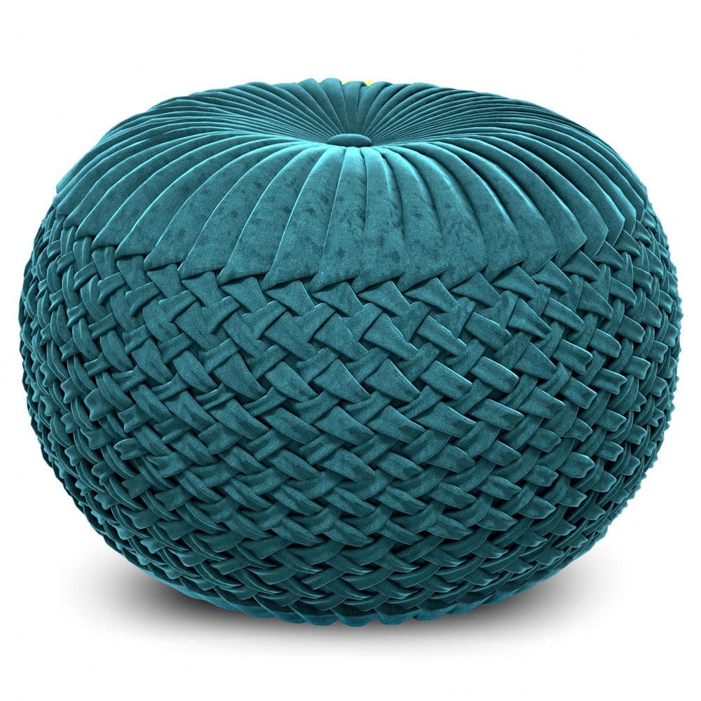 Teal Velvet Tufted Round Pouf Ottoman