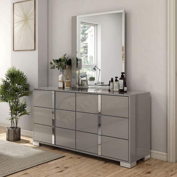 Furniture of America Mesala Taupe Gray 6-Drawer 61 in. Dresser with Mirror with Chrome Accents and Legs, Vertical Chrome Handles