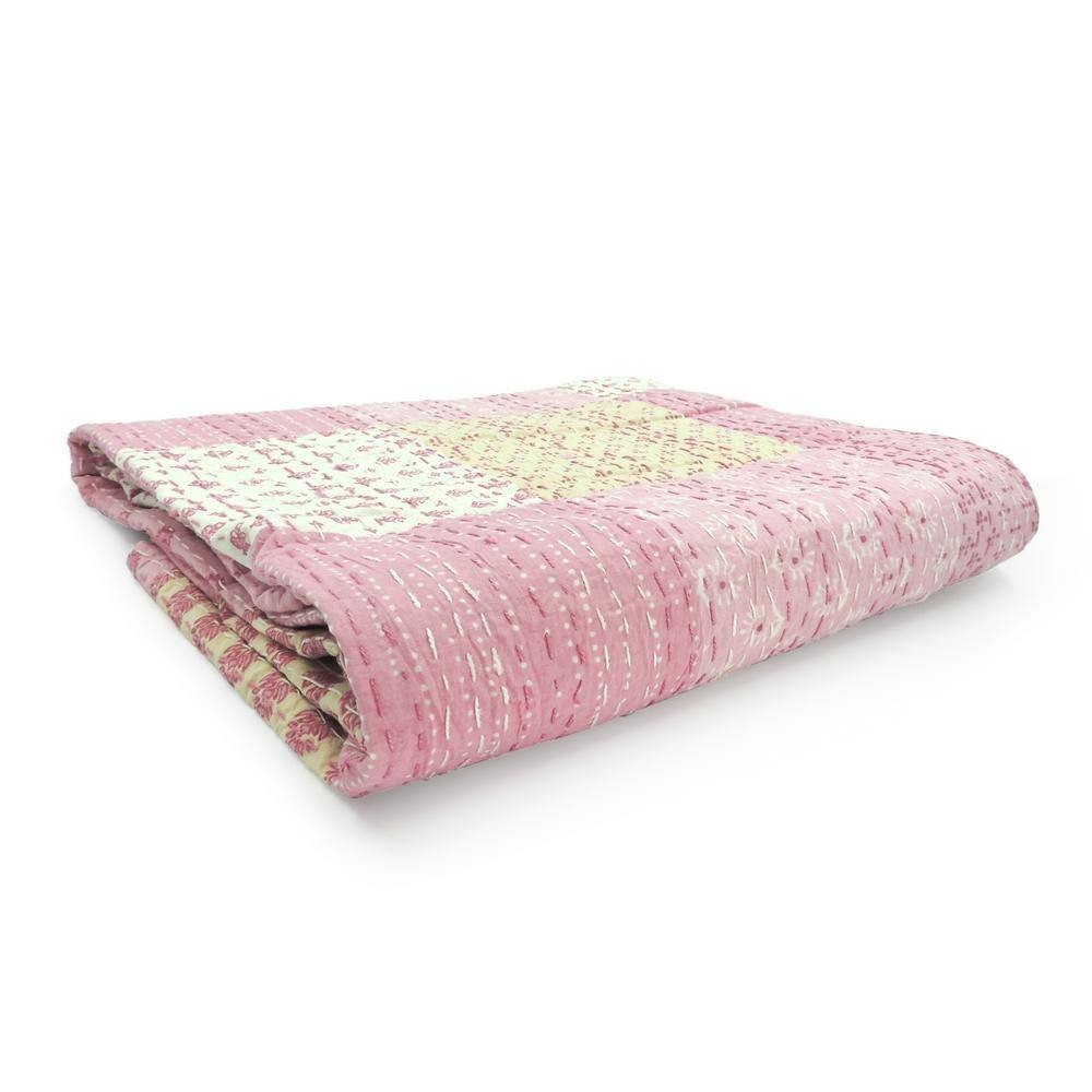 Light Pink Cotton Patchwork Kantha Throw Blanket, 50" x 70"