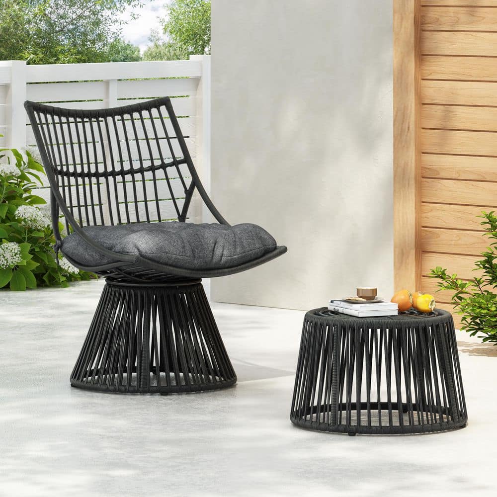 2-Piece PE Wicker Outdoor Lounge Chair with Gray Cushion and Side Table