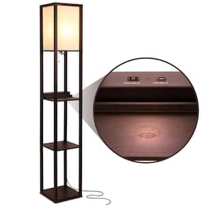 Maxwell 63 in. Havana Brown Modern 1-Light USB and Wireless Charging LED Floor Lamp with White Fabric Square Shade