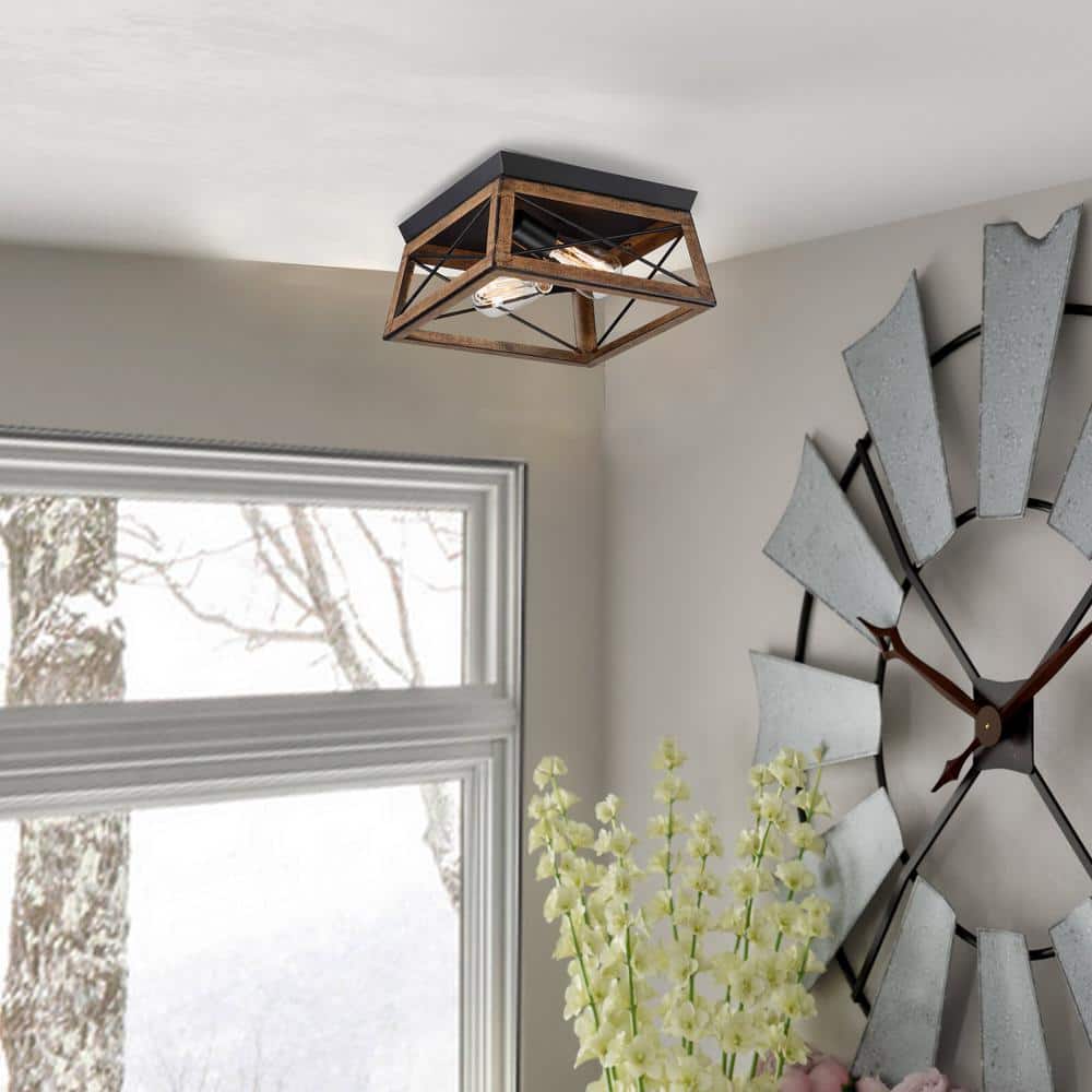 Brown Barnwood 2-Light Caged Flush Mount Ceiling Fixture