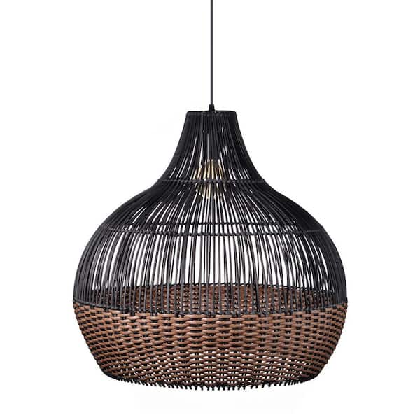 1-Light Black Handmade Rattan Pendant Light Dome Shape 23. 62 x 22. 83 in.