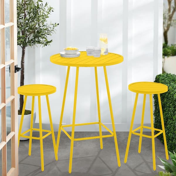 3-Piece Steel Patio Bar Height Round Outdoor Yellow Bistro Set w/ Backless Stools