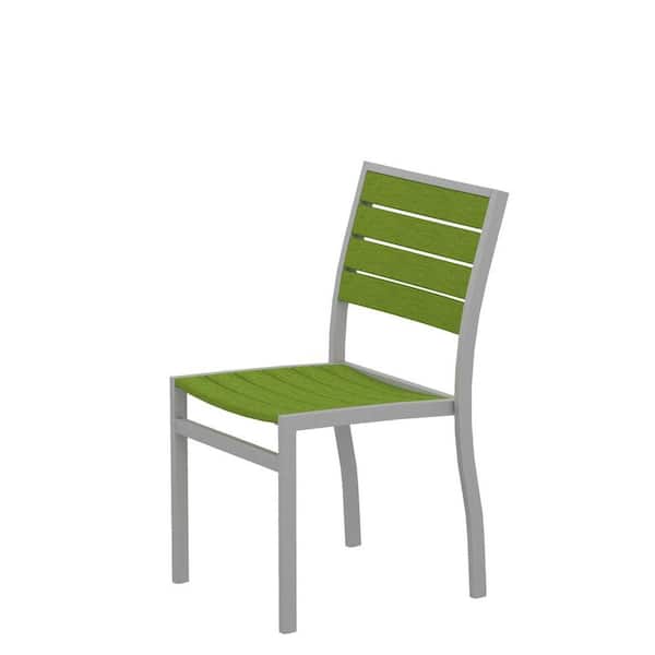 POLYWOOD Euro Textured Silver Patio Dining Side Chair with Lime Slats