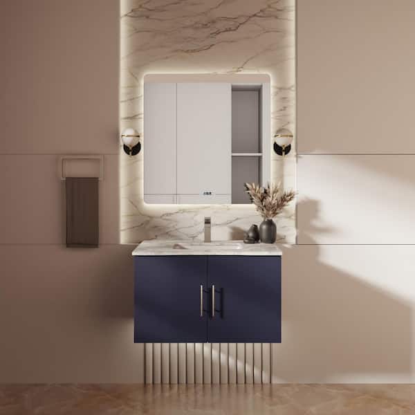 Geneva 30 in. W x 22 in. D Navy Blue Bath Vanity and Carrara Marble Top