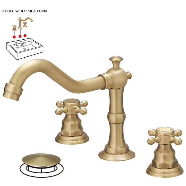 8 in. Widespread Double-Handle Black Bathroom Faucet 3-Holes Vanity Sink Water-Saving with Metal Drain in Antique Brass